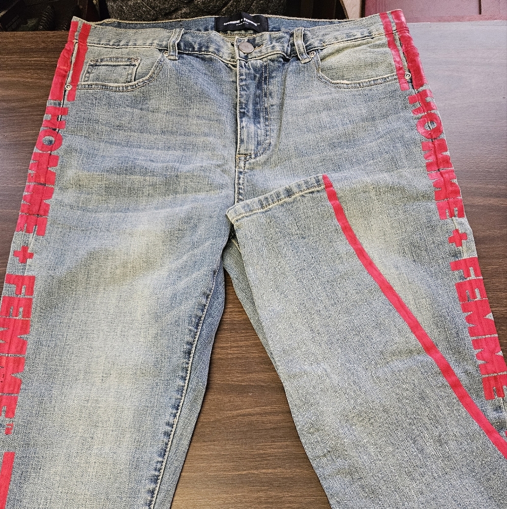 Homme + Femme Men's Side Red Paint Logo Trademark Slim Fit Stretch Denim Jeans